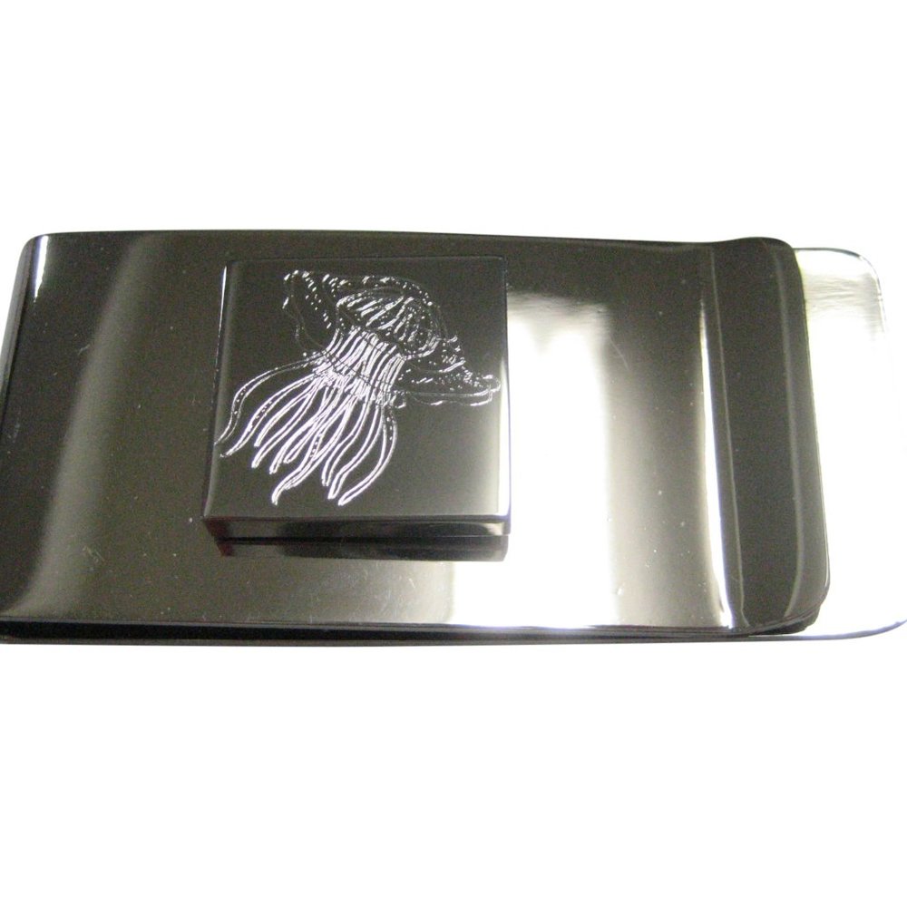 Silver Toned Square Etched Jellyfish Money Clip